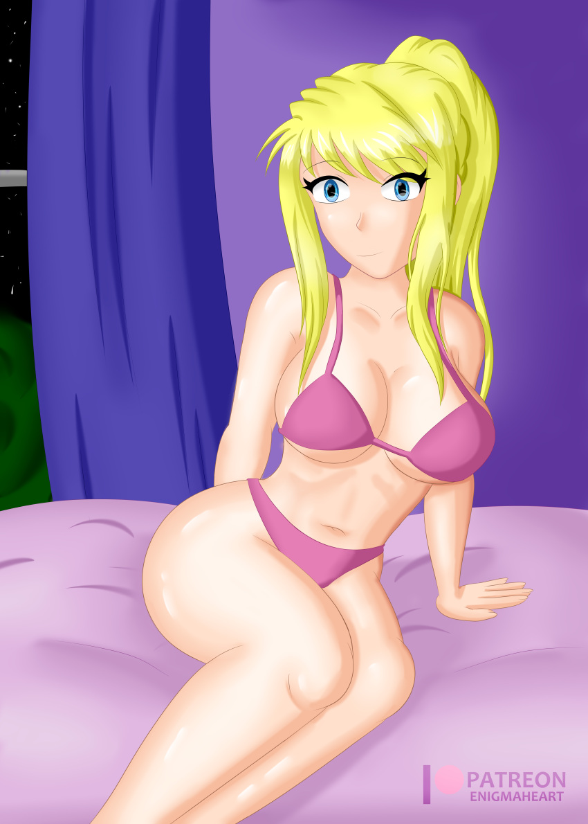 1girls bed blonde_hair blue_eyes bra breasts enigma_heart female female_only fullmetal_alchemist night panties pink_bra pink_panties pink_underwear ponytail solo solo_female solo_only underwear winry_rockbell