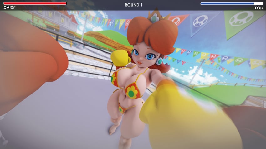 1female 1male 3d bikini boxing boxing_gloves boxing_ring breasts castle child_bearing_hips crown curvy curvy_female earrings female_focus fight fighting gameplay_mechanics light-skinned_female male_pov mario_(series) mixed_boxing mmd orange_bikini orange_hair outdoors outside princess princess_daisy punch red_boxing_gloves ryona smile smug super_mario_bros. swimsuit thighs ultimabox yellow_boxing_gloves