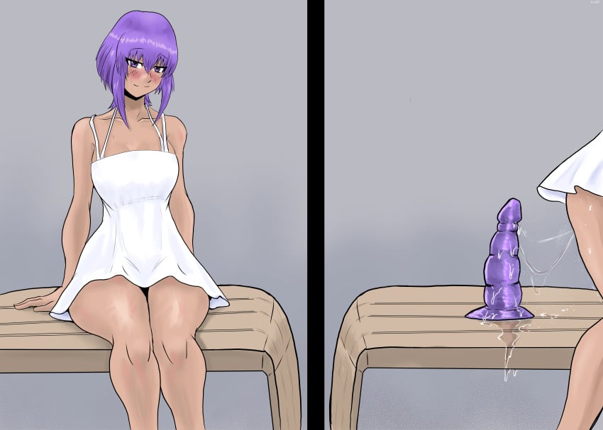 1girls ambiguous_penetration anal anal_training bench black_skin blush buttplug dark-skinned_female dildo_reveal dildo_sitting dildo_sitting_reveal fate/grand_order fate_(series) female fgo_servant_vs_goblin hassan_of_serenity_(fate) hidden_vibrator large_buttplug looking_at_viewer ndahbear petite purple_dildo purple_hair pussy_training seductive_eyes seductive_look sex sex_toy shy shy_smile sitting_on_penis slim sundress tan_skin vaginal_penetration