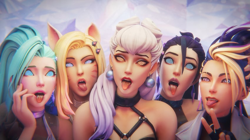 3d 3d_(artwork) 5girls ahri akali akali_jhomen_tethi black_hair blender blonde_hair blue_eyes blue_hair brainwashed clothed clothed_female clothing edit edited evelynn facial_markings female femsub fingerless_gloves fox_ears grey_hair human hypnosis k/da_all_out_ahri k/da_all_out_akali k/da_all_out_evelynn k/da_all_out_kai'sa k/da_all_out_seraphine k/da_all_out_series kai'sa league_of_legends light-skinned_female light_skin long_hair mind_break mind_control mindbreak mindfuck multicolored_hair multiple_girls open_mouth ponytail purple_eyes riot_games seraphine_(league_of_legends) spiral_eyes supernovax tied_hair tongue tongue_out unknown_character video_game_character video_games white_hair yellow_eyes