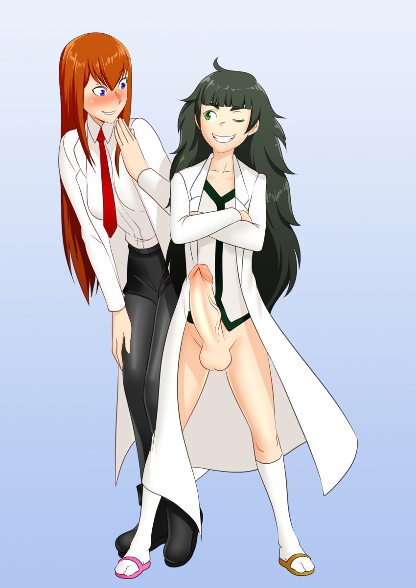 1futa 1girls bangs big_penis blue_eyes bottomless brown_hair clothed clothing crossed_arms duo erection female flat_chest fully_clothed futanari green_eyes green_hair hiyajou_maho huge_cock human labcoat light-skinned_female light-skinned_futanari light_skin long_hair makise_kurisu messy_hair oo_sebastian_oo partially_clothed penis penis_awe red_hair smile standing steins;gate steins;gate_0 surprised tie uncensored