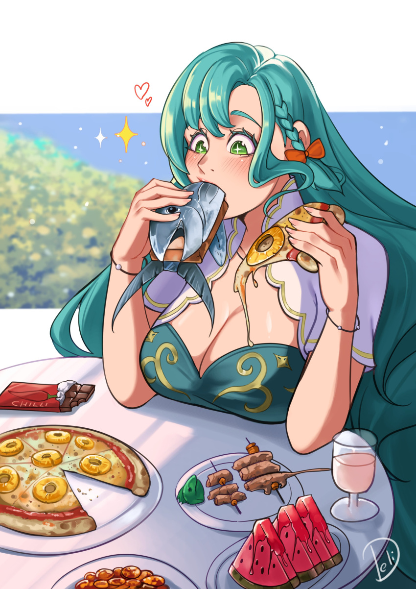 +_+ 1girls absurdres aqua_hair braid breasts candy chloe_(fire_emblem) chocolate chocolate_bar cleavage commentary deliciousbra deliciousbrain female female_only fire_emblem fire_emblem_engage food fruit green_eyes hands_up heart highres holding holding_food holding_pizza large_breasts long_hair nintendo pineapple_pizza pizza pizza_slice plate single_braid solo sparkle very_long_hair watermelon watermelon_slice