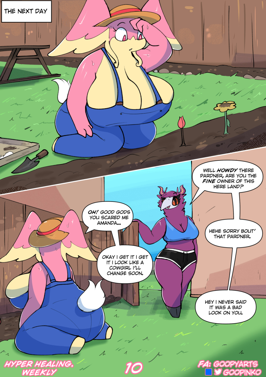 anthro aromatisse audino big_breasts breasts clothed clothing female generation_5_pokemon generation_6_pokemon goopyarts hi_res huge_breasts hyper hyper_breasts nintendo overalls pink_body pokemon pokemon_(species) raina_(goopyarts) slightly_chubby thick_thighs wide_hips