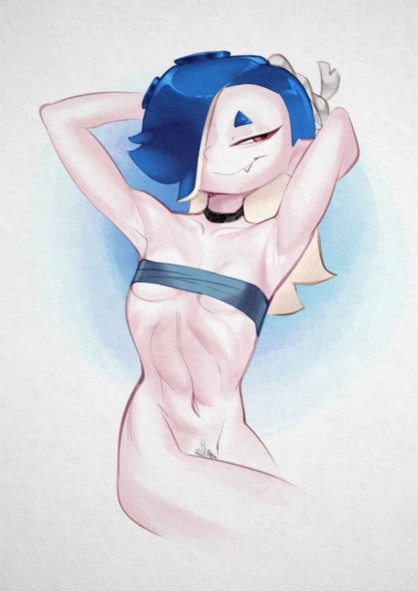 1girls 2024 armpits arms_up bedroom_eyes belly belly_button black_choker black_tubetop blue_hair breasts cephalopod cephalopod_humanoid choker color_edit convenient_censoring eyelashes fangs female female_focus female_only hachimaki hair_covering_eye hair_over_one_eye half-closed_eyes hands_behind_head hi_res long_blue_hair long_hair looking_aside mostly_nude mostly_nude_female narrowed_eyes navel nintendo nipples_covered no_visible_genitalia nude octoling one_eye_covered pointy_nose pubic_hair red_eyes sarashi sharp_teeth shiver_(splatoon) shiver_hohojiro short_eyebrows simple_background sitting small_breasts smile snaggle_tooth solo solo_female solo_focus splatoon splatoon_3 strapless teeth tentacle tentacle_hair thick_eyebrows thighs thin_female thin_waist topwear tubetop white_background xu53r