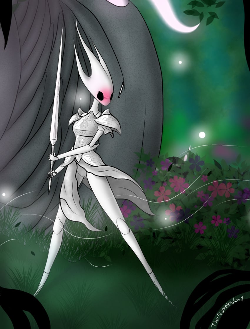 anthro armor arthropod blush bottomwear clothed clothing clothing_lift dress dryya_(hollow_knight) embarrassed female fighting_pose forest forest_background garden genitals hi_res hollow_knight insects melee_weapon nail_(weapon) nature nature_background no_underwear plant pose pussy skirt skirt_lift slim solo surprise team_cherry the_nameless_guy tree unexpected weapon white_armor white_body white_bottomwear white_clothing white_dress white_skirt wind wind_lift