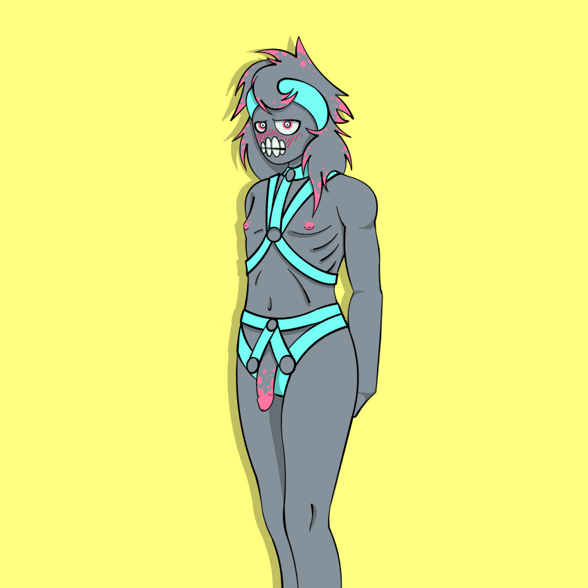 1:1 2022 accessory blush colored digital_drawing_(artwork) digital_media_(artwork) genitals girly grey_body grey_hair hair hands_behind_back headband hi_res humanoid humanoid_genitalia knees_together long_hair looking_at_viewer male messy_hair mooph navel nervous nervous_expression nipples nude penis pink_eyes pink_nipples ribs shaded simple_background skinny skinny_male solo solo_focus teeth undead zombie