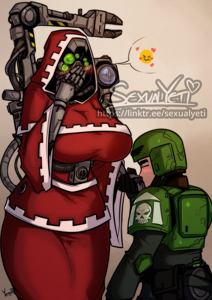 1boy 1girls 6_eyes adeptus_mechanicus ammo_pouch aquila_(symbol) armor artist_name astra_militarum big_breasts blushing cadian closed_eyes combat_helmet covering_mouth cybernetics cyborg cyborg_girl elbow_pads flak_armor green_eyes hand_kiss helmet imperial_guard imperium_of_man kissing kissing_hand monster_girl no_nude not_naked proposal robe robes sexualyeti skull techpriest thick_eyebrows tubes warhammer_(franchise) warhammer_40k water_canteen watermark wholesome