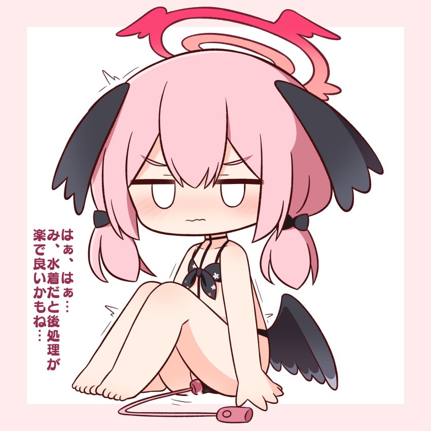 ^^^ bare_arms bare_legs bare_shoulders barefoot bikini black_bikini black_bow black_wings blue_archive blush bow chibi chibi_style closed_mouth feathered_wings female floral_print full_body hair_between_eyes hairbow halo hana_kazari head_wings highres jitome knees_up koharu_(blue_archive) koharu_(swimsuit)_(blue_archive) long_hair looking_at_viewer low_twintails low_wings motion_lines object_insertion pink_background pink_hair print_bikini remote_control_vibrator sex_toy sitting solo swimsuit translation_request twintails two-tone_background v-shaped_eyebrows vaginal_object_insertion vaginal_penetration vibrator wavy_mouth white_background wings young