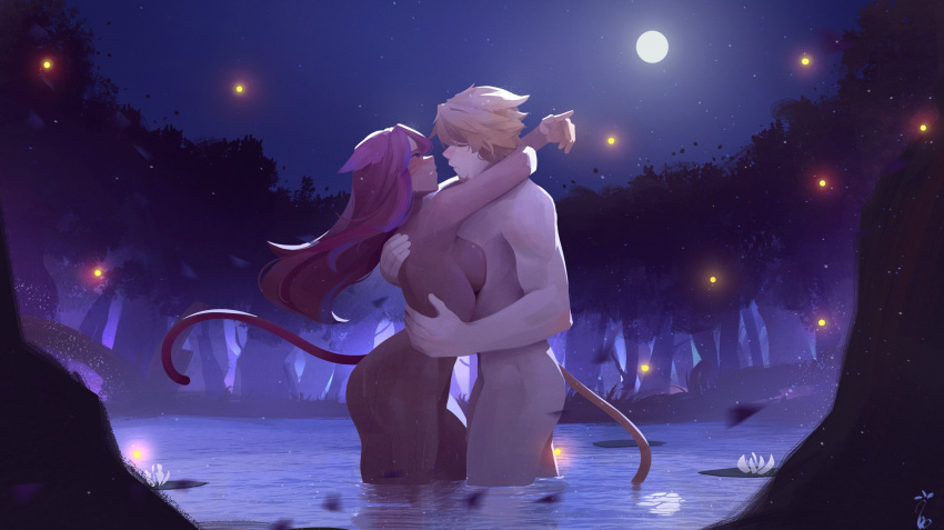 1boy animal_ears blonde_hair breast_press breasts cat_boy cat_ears cat_girl cat_tail commentary commission completely_nude english_commentary facial_mark female final_fantasy final_fantasy_xiv fireflies flaccid forest from_side full_moon highres hug imminent_kiss lake large_breasts lily_pad long_hair looking_at_another makinoatorie miqo'te moon multicolored_hair nature night night_sky nude penis pink_hair purple_hair short_hair signature sky standing straight streaked_hair tail wading warrior_of_light_(ff14) water whisker_markings