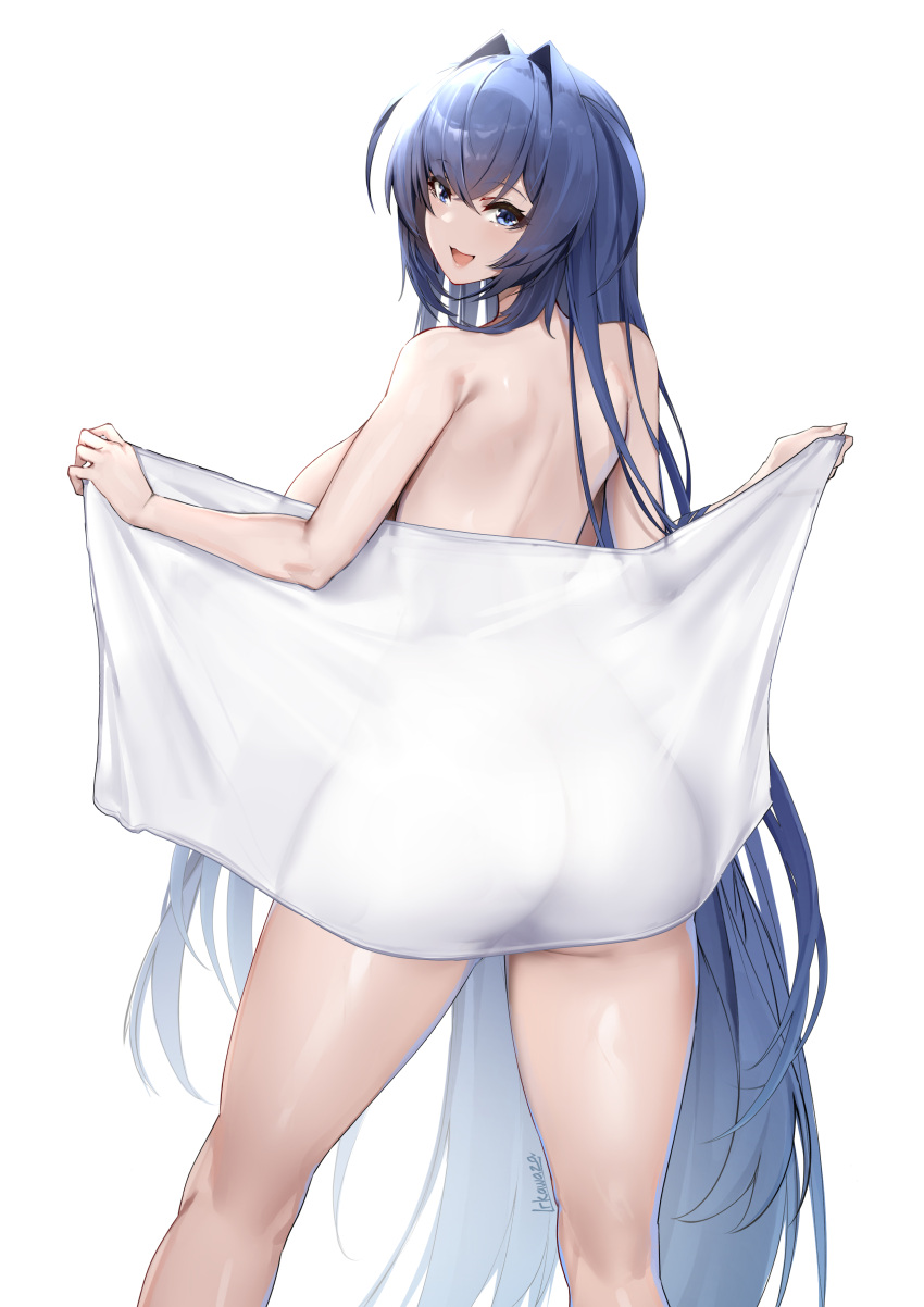 1girls absurdres artist_name ass azur_lane blue_eyes blue_hair breasts covering_privates eagle_union_(azur_lane) female from_behind highres holding holding_towel irkawaza large_breasts light-skinned_female light_skin long_hair looking_at_viewer looking_back new_jersey_(azur_lane) nude_cover simple_background smile towel very_long_hair white_background white_towel