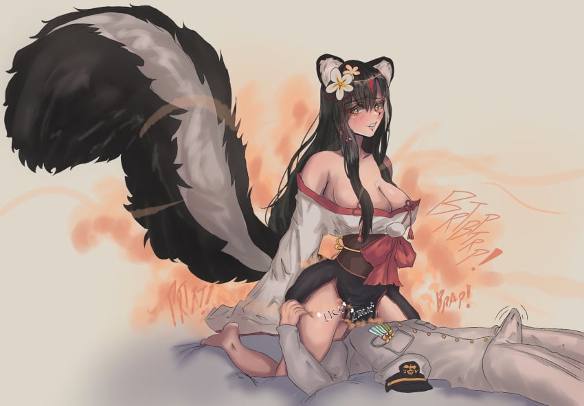 1boy 1girls animal_ears azur_lane big_breasts blush breasts commander_(azur_lane) commission commissioner_upload cunnilingus eagle_union_(azur_lane) erection faceless_male facesitting fart fart_cloud fart_fetish farting farting_in_face farting_on_face female female_on_top flower flower_in_hair fully_clothed grabbing_thighs headwear kneeling licking licking_ass licking_pussy long_hair male male/female melonarts2_(artist) naganami_(azur_lane) naval_uniform obscured_face sakura_empire_(azur_lane) skunk skunk_ears skunk_girl skunk_tail smell_fetish smile striped_tail tail thighs yellow_eyes