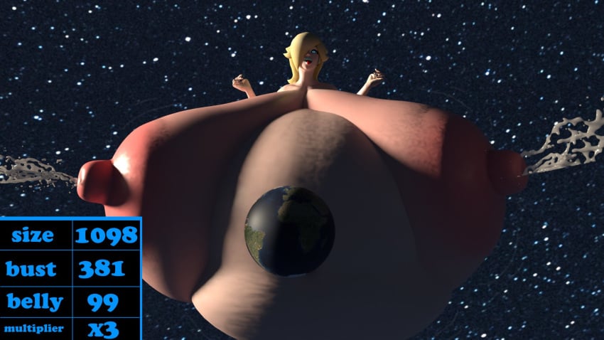 3d 3d_(artwork) ahe_gao ass_focus belly_bigger_than_body belly_expansion bigger_than_earth black_nails blender blonde_hair blue_eyes breast_expansion breasts_bigger_than_body city earth giantess giantess_growth glowing_eyes growth_drive huge_ass huge_belly huge_breasts lactating lactation light_blue_lipstick mario_(series) nintendo princess_rosalina ripped_pants space squidly super_mario_galaxy tongue_out