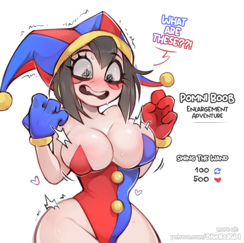 1girls 2023 2d 2d_(artwork) 2d_artwork blueredgirl breast_expansion breasts cleavage clown dialogue female female_focus female_only heart_symbol patreon_username pomni pomni_(the_amazing_digital_circus) suprised