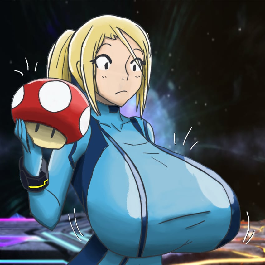 black_eyes breast_expansion breasts_bigger_than_head busty colored conyoudigit female final_destination gigantic_breasts matsu-sensei metroid samus_aran solo_female super_mushroom super_smash_bros. super_smash_bros._for_nintendo_3ds_and_wii_u tagme top_heavy waist_up zero_suit zero_suit_samus