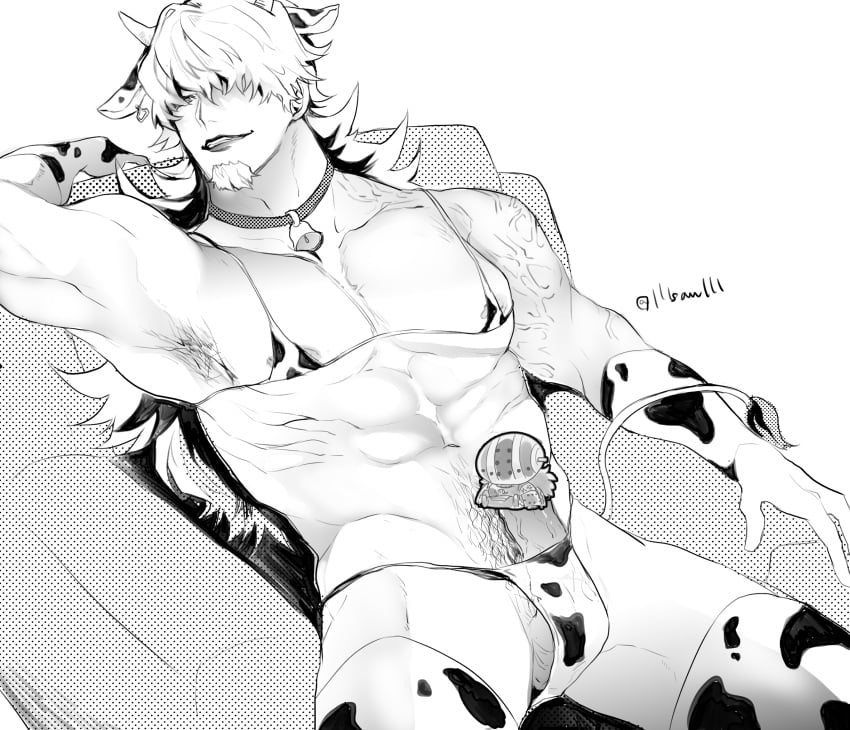 armpit_hair bikini bulge censored collar cow_bikini cow_boy cow_ears cow_horns cow_print cow_print_armwear cow_print_thighhighs cow_tail cowbell erection facial_hair gloves goatee hair_over_one_eye killer_(one_piece) lipstick lllsamlll long_hair long_hair_male male male_only micro_bikini monochrome muscular muscular_male nipple_slip on_back one_piece penis penis_out screentone smile solo thighhighs