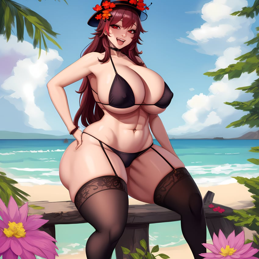 abs ai_generated aka6_(style) beach belly_button big_breasts bikini black_bikini black_hat black_thighhighs black_thong bluecatrip blush choker fit fit_female flower flower_in_hat flowers garter_straps genshin_impact gigantic_breasts hair_on_shoulders hand_on_hip hat hoyoverse hu_tao_(genshin_impact) huge_breasts long_hair looking_at_viewer mihoyo navel nipple_bulge nipples nose open_mouth pink_flower red_eyes red_flower red_flowers red_hair seaside sitting_on_bench thighhighs thighs thong upper_teeth upper_teeth_only