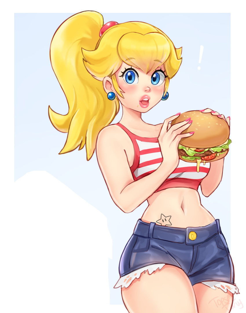 1girls artist_name bare_midriff big_breasts blonde_hair blue_eyes breasts burger busty cleavage denim denim_shorts earrings female female_only food fully_clothed highres jewelry large_breasts legs long_hair looking_at_viewer mario_(series) midriff midriff_baring_shirt nail_polish navel nintendo open_mouth pink_fingernails pink_lips ponytail princess_peach revealing_clothes short_shorts shorts solo stomach_tattoo tank_top tattoo tattoo_on_belly teeth thick_thighs thighs topsie_turvy