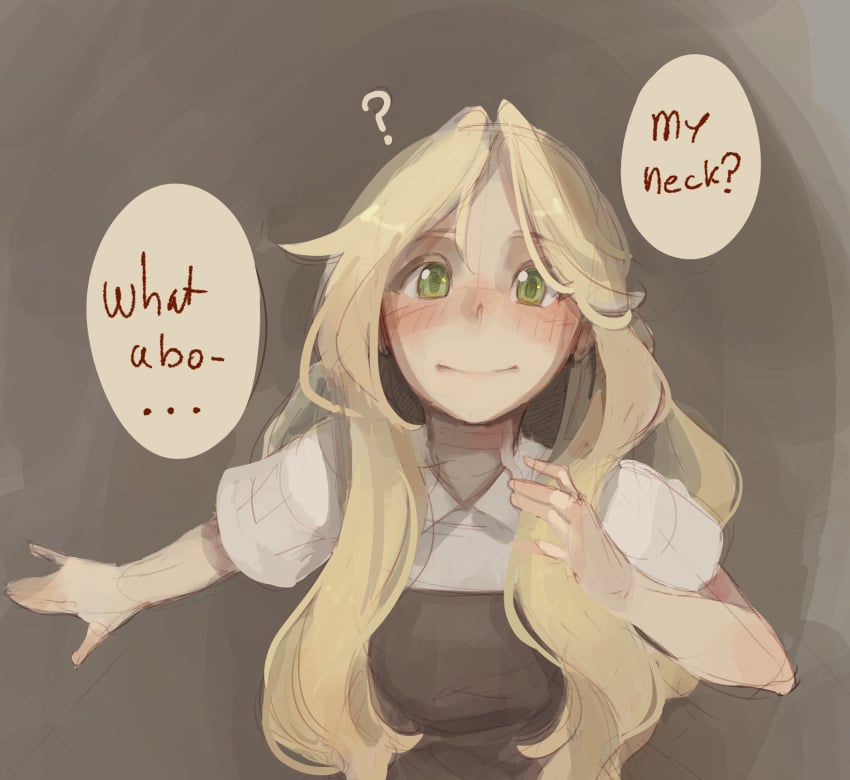 after_sex apron blonde_hair blush brown_apron commentary cum cum_on_neck dress english_commentary english_text facing_viewer female freckles green_eyes highres long_hair open_mouth original short_sleeves solo speech_bubble standing sushoartworks white_dress