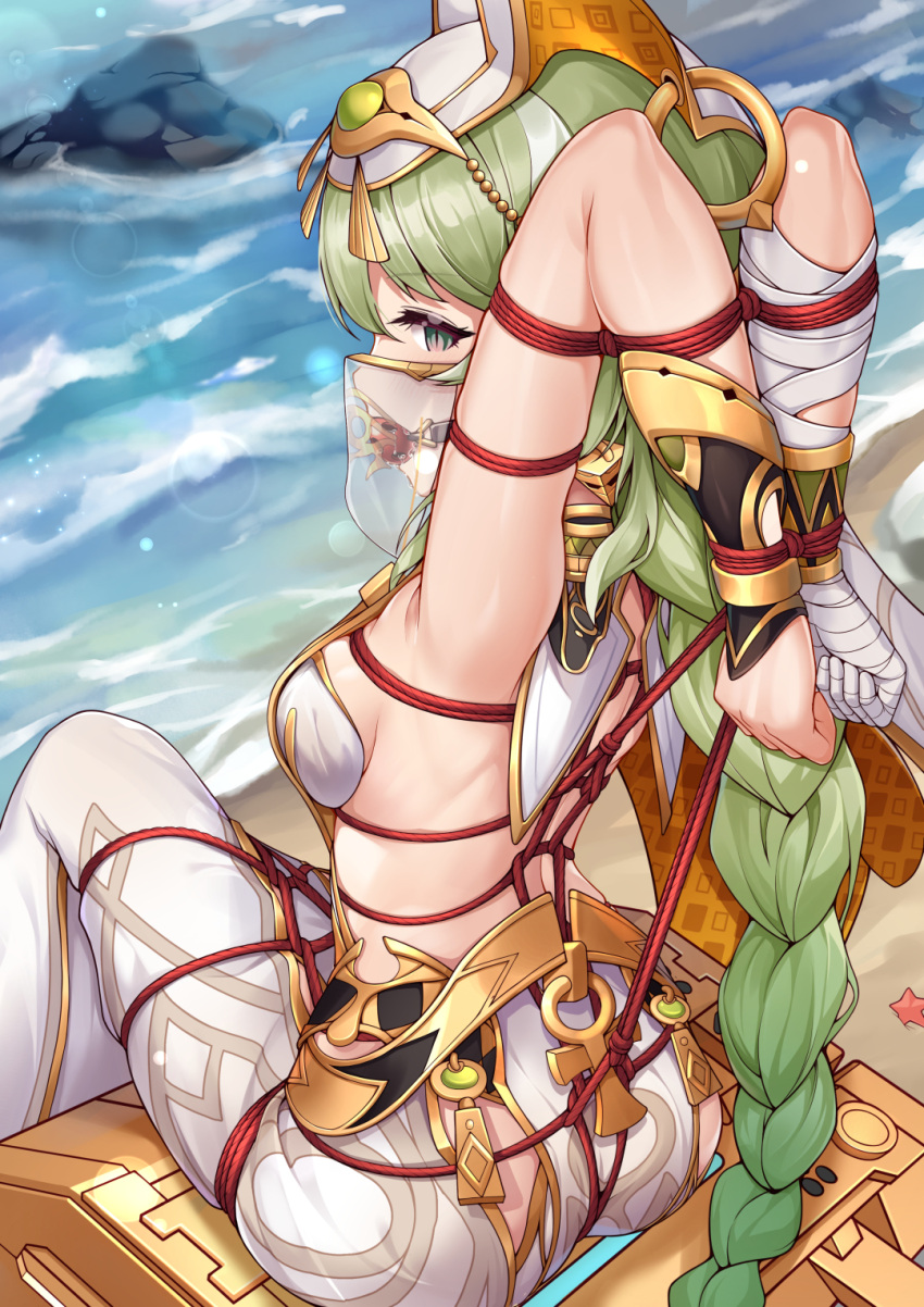 1girls arabian_clothes arms_tied_behind_back ball_gag bandage bandaged_arm beach bondage bondage braided_hair breasts crotch_rope dancer dancer_outfit gag gagged green_hair grey_eyes honkai_(series) honkai_impact_3rd looking_at_viewer mobius_(honkai_impact) ocean outside rope rope_bondage shibari_over_clothes sitting small_breasts veil water yiduan_zhu