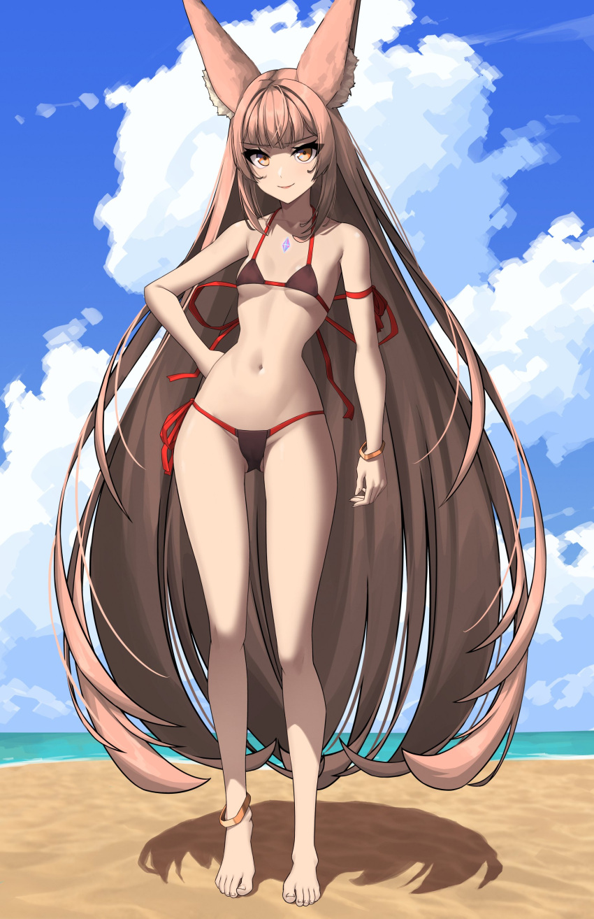 1girls anklet beach bikini black_bikini black_swimsuit bracelet breasts brown_eyes brown_hair clouds core_crystal hand_on_hip long_hair looking_at_viewer midriff navel nia nia_(blade) nintendo ocean outside side-tie_bikini side-tie_swimsuit skinny sky small_breasts swimsuit water x_xith_x xenoblade_(series) xenoblade_chronicles_2