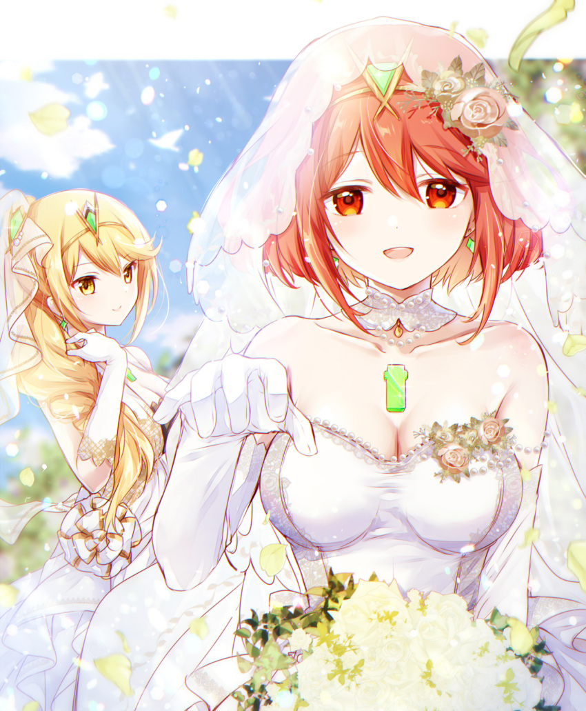 2girls blonde_hair bouquet breasts bride choker core_crystal dress earrings elbow_gloves gloves holding_bouquet large_breasts looking_at_viewer mythra nintendo ponytail pyra red_eyes red_hair short_hair tiara ui_frara veil wedding_dress white_dress xenoblade_(series) xenoblade_chronicles_2 yellow_eyes