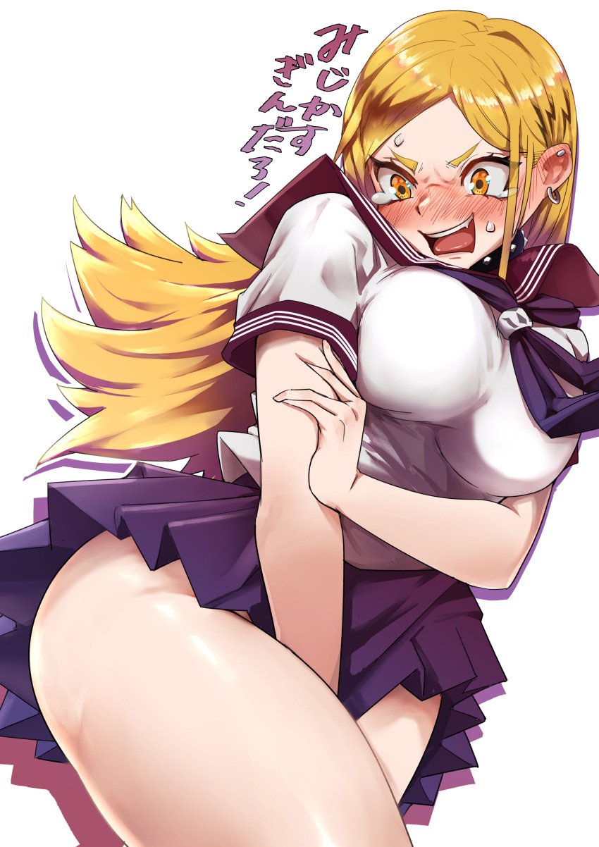 blonde_hair curves hips kamiunten_mira large_breasts long_hair mato_seihei_no_slave no_panties pleated_skirt sailor_collar school_uniform stud_earrings thighs yamada_otonari yellow_eyes