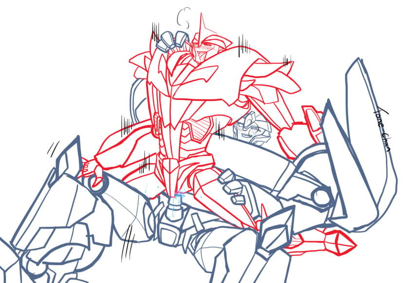 2013 2boys blushing breakdown breakdown_(transformers) couple cuntboy dominant_male doodle gay gay_sex hasbro holding_thigh intersex knock_out_(transformers) male_on_male male_only submissive_male thrusting tone-chan tongue_out transformers transformers_prime