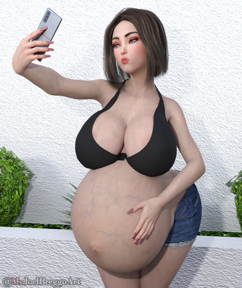 1girls 3d beauty_mark belly big_belly big_breasts breasts brown_hair cleavage female gigantic_breasts huge_breasts mrjoelpreggoart pregnant samsung samsung_sam veiny_belly