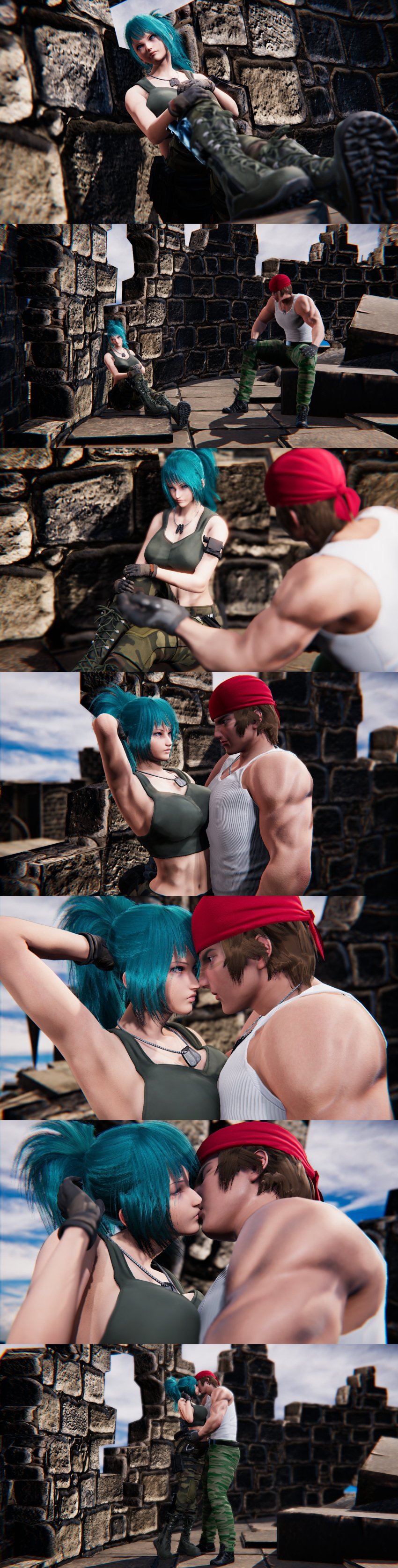 1boy 1girls 3d 3d_(artwork) age_difference arms_behind_head bandana big_breasts blue_eyes blue_hair breasts brown_hair cleavage closed_eyes dog_tags edit female ikari_warriors king_of_fighters kissing leona_heidern long_hair looking_at_partner male muscular_male older_male open_mouth ponytail ralf_jones snk straight tank_top toned_female younger_female zeni-gin