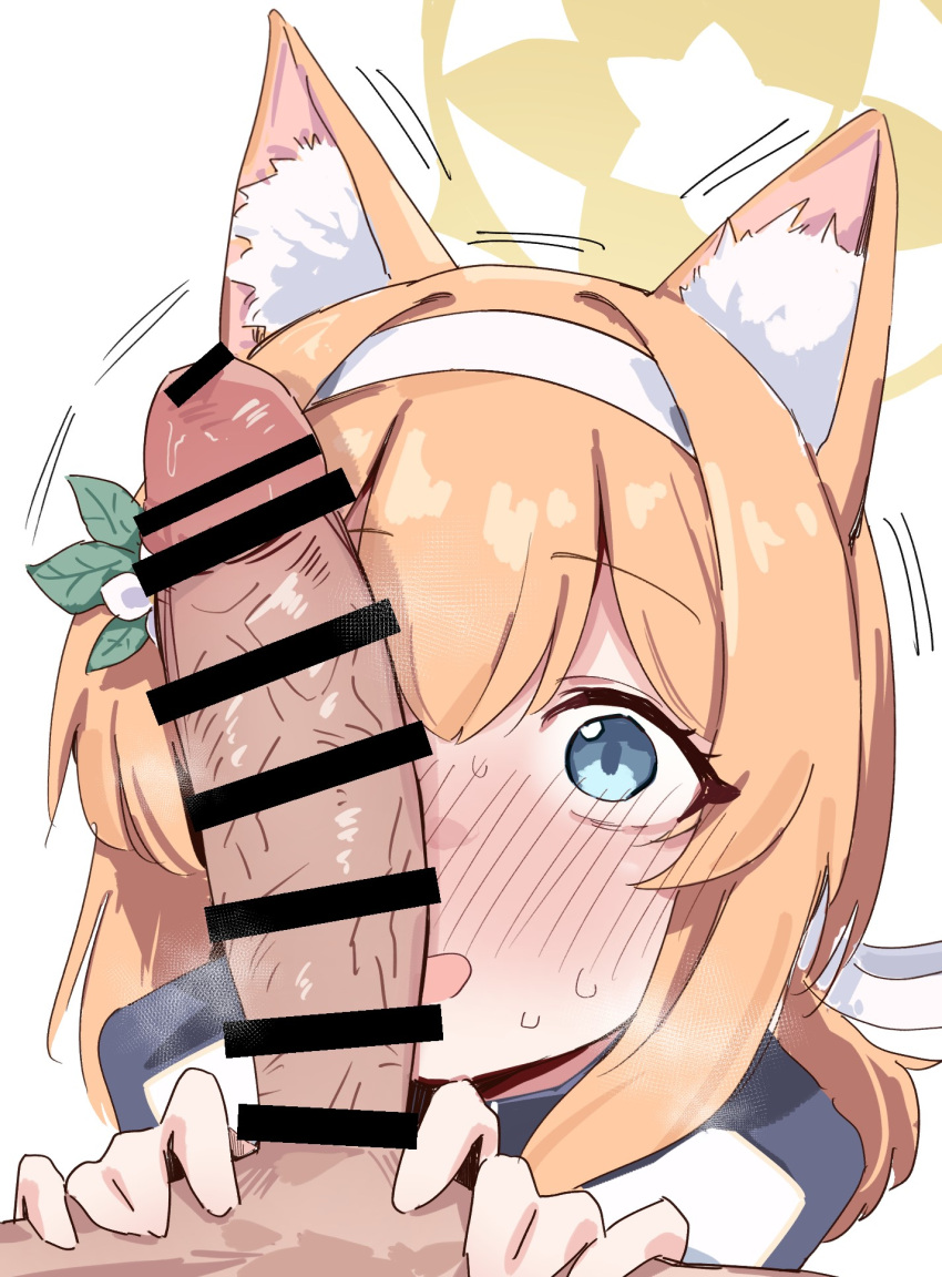 1boy animal_ear_fluff animal_ears blue_archive blue_eyes blush cat_ears censor_bar censored censored_penis erection female halo highres jacket large_penis looking_at_penis looking_at_viewer mari_(blue_archive) mari_(track)_(blue_archive) mashiro_latte_(msrn39) msrn39 open_mouth orange_hair penis penis_awe penis_on_face penis_over_one_eye pov simple_background solo_focus straight sweat track_jacket veins veiny_penis white_background yellow_halo young