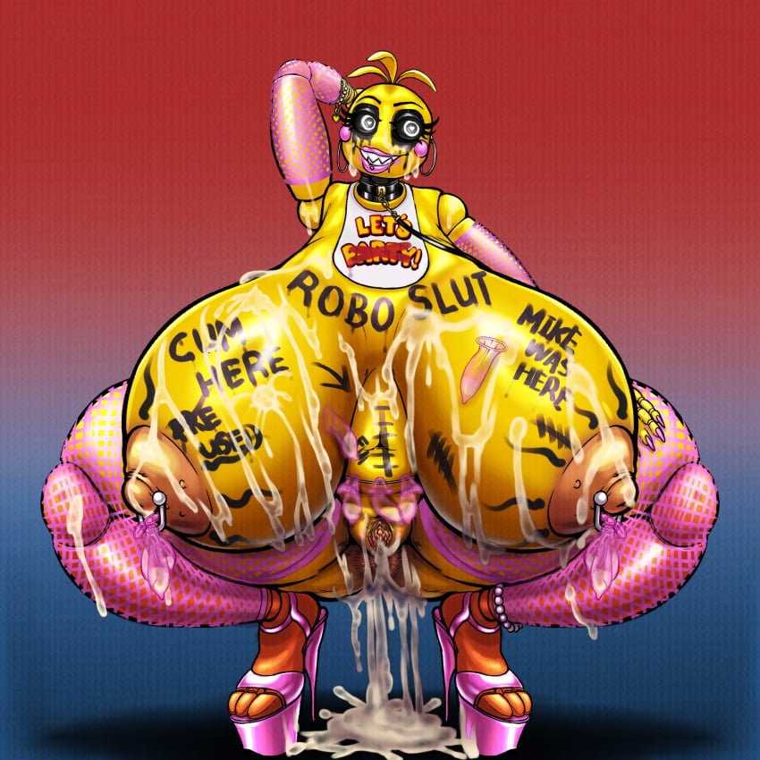 1girls after_sex animatronic anus armwear ass ass_visible_from_the_front big_ass big_breasts big_butt bimbo bimbo_lips body_writing breasts breasts_bigger_than_head collar condom condom_accessories condom_on_nipples cum cum_drip cum_in_ass cum_in_pussy cum_inside cum_on_body cum_on_breasts cum_on_face earrings excessive_cum female female_only fishnet_armwear fishnets five_nights_at_freddy's five_nights_at_freddy's_2 front_view galliform gallus_(genus) heart heart-shaped_pupils heels hi_res high_heels hoop_earrings huge_ass huge_breasts leash leash_and_collar legwear lip_piercing lovetaste_chica mascara_tears nipple_piercing piercing piercings platform_heels puffy_lips pussy robot robot_girl runny_makeup sekkusu sharp_teeth solo solo_female squatting tagme toy_chica_(fnaf) used_condom