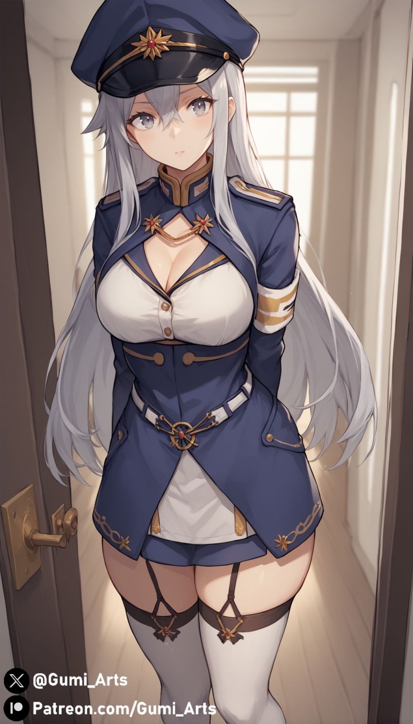 86_-eightysix- ai_generated big_breasts cleavage gumi_arts hat indoors looking_at_viewer military_uniform silver_eyes silver_hair stable_diffusion standing thick_thighs vladilena_millize