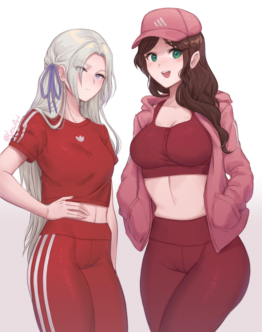 2024 2girls absurdres adidas alternate_costume artist_name belly blue_eyes bra breasts brown_hair cameltoe cleavage crop_top dorothea_arnault edelgard_von_hresvelg female female_only fire_emblem fire_emblem:_three_houses green_eyes grey_hair hair hair_over_one_eye hair_ribbon hairband hand_on_hip hands_in_pockets hat highres jacket legs legwear lesu long_hair medium_breasts multiple_girls nintendo open_mouth pink_hat small_breasts sport sports_bra sports_uniform sportswear tank_top teeth thighs tight_clothing very_long_hair white_background zipper