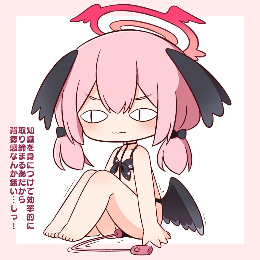 <|>_<|> bare_arms bare_legs bare_shoulders barefoot bikini black_bikini black_bow black_wings blue_archive blush bow chibi chibi_style closed_mouth feathered_wings female floral_print full_body hair_between_eyes hairbow halo hana_kazari head_wings highres knees_up koharu_(blue_archive) koharu_(swimsuit)_(blue_archive) long_hair looking_to_the_side low_twintails low_wings motion_lines object_insertion pink_background pink_hair print_bikini remote_control_vibrator sex_toy sitting solo swimsuit translation_request twintails two-tone_background v-shaped_eyebrows vaginal_object_insertion vaginal_penetration vibrator wavy_mouth white_background wings young