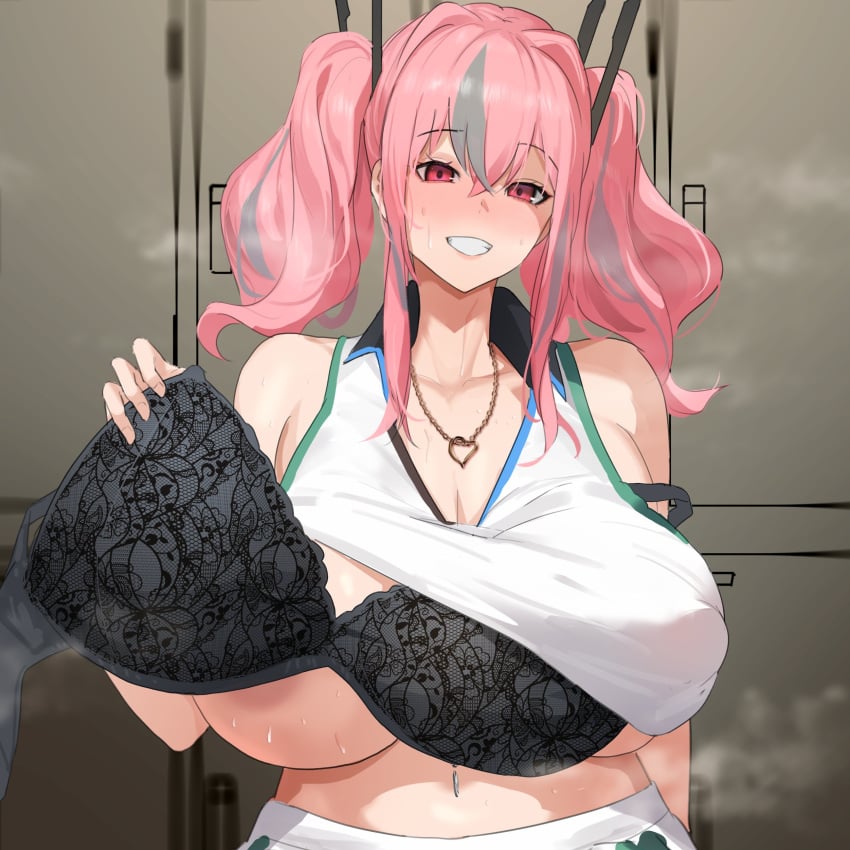 1girls aji_(sakanaaj1) azur_lane big_breasts blush bra bra_removed bremerton_(azur_lane) bremerton_(scorching-hot_training)_(azur_lane) female huge_breasts large_breasts looking_at_viewer massive_breasts pink_hair pov pov_eye_contact solo solo_female steam steaming_body sweat sweating sweaty sweaty_body sweaty_breasts