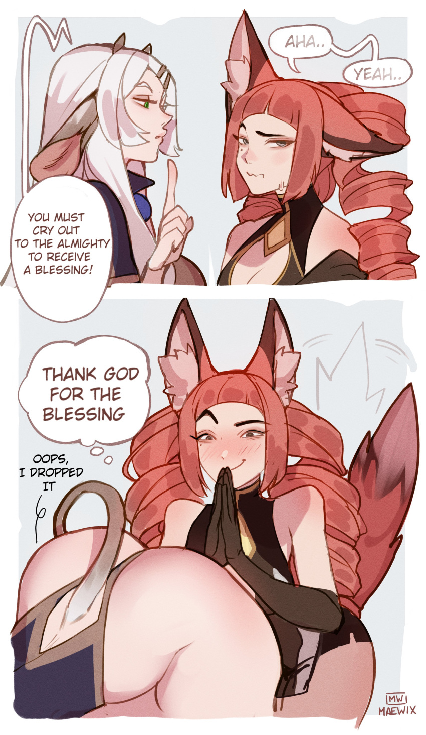 2girls absurd_res ass blush comic dialogue drill_hair english_text eyebrows_raised female female_only fox_ears fox_girl fox_tail funny goat_ears goat_girl horns long_hair looking_at_ass maewix1 muna_(maewix) prayer_hands red_hair smiling speech_bubble tail tail_raised thick_ass thick_thighs white_hair