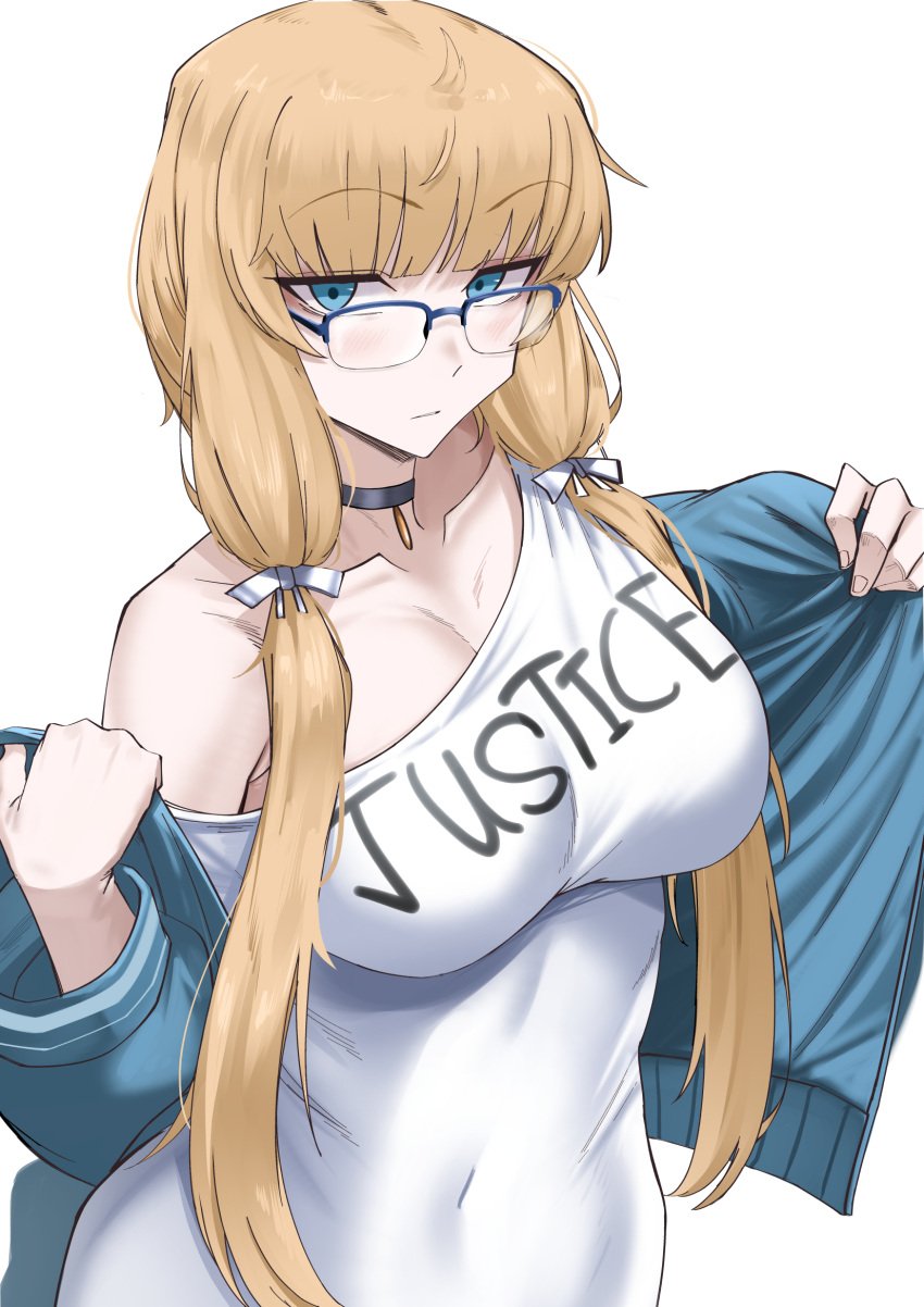 1girls bare_shoulders belly_button belly_button_visible_through_clothing big_breasts blonde blue_eyes cliov closed_mouth collar exposed_shoulders glasses hair_ribbon hi_res highres isla_coleman_(vtuber) light_blush looking_at_viewer mouth_closed navel navel_visible_through_clothes production_kawaii sole_female solo solo_female solo_focus taking_off_jacket text_on_clothing text_on_shirt twintails virtual_youtuber white_shirt yellow_hair