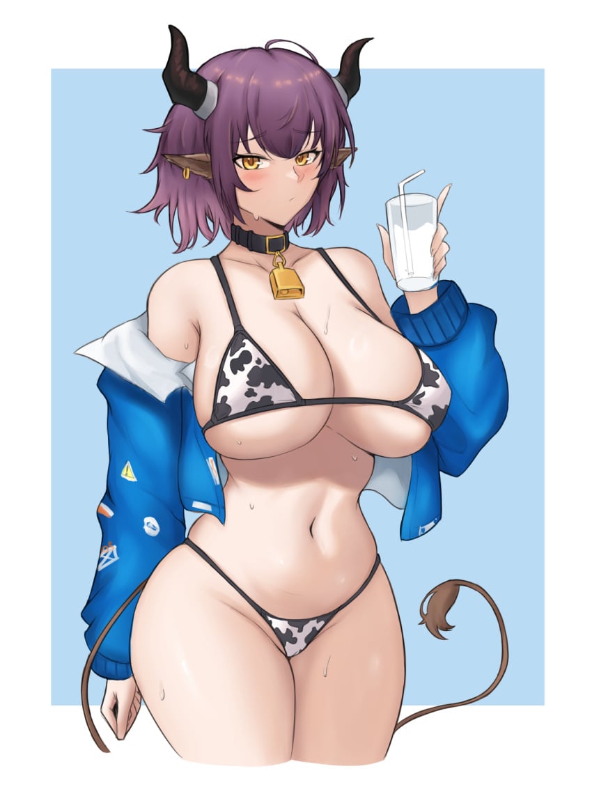 ahoge animal_ears animal_print arknights bare_shoulders bell bikini black_choker blue_jacket blush breasts choker cleavage collar commentary_request cow_print cow_print_bikini cup drinking_glass drinking_straw fangs_(fangs_art) fangsod female female_only groin hand_up highres holding holding_cup horns huge_breasts jacket large_breasts long_sleeves looking_at_viewer navel neck_bell off_shoulder print_bikini purple_hair revealing_clothes short_hair sideroca_(arknights) sideroca_(light_breeze)_(arknights) skimpy_clothes solo standing stomach swimsuit tail thighs yellow_eyes