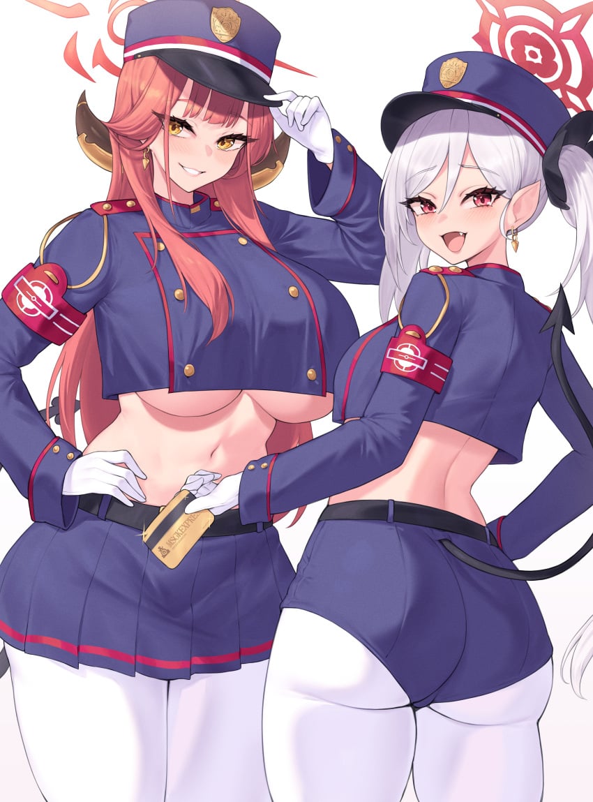 2girls aru_(blue_archive) ass blue_archive breast_size_difference breasts bubble_butt female halo hat height_difference high_resolution huge_breasts kuavera light-skinned_female light_skin long_hair medium_breasts mutsuki_(blue_archive) pink_hair red_eyes smile tail thick_thighs underboob white_hair yellow_eyes