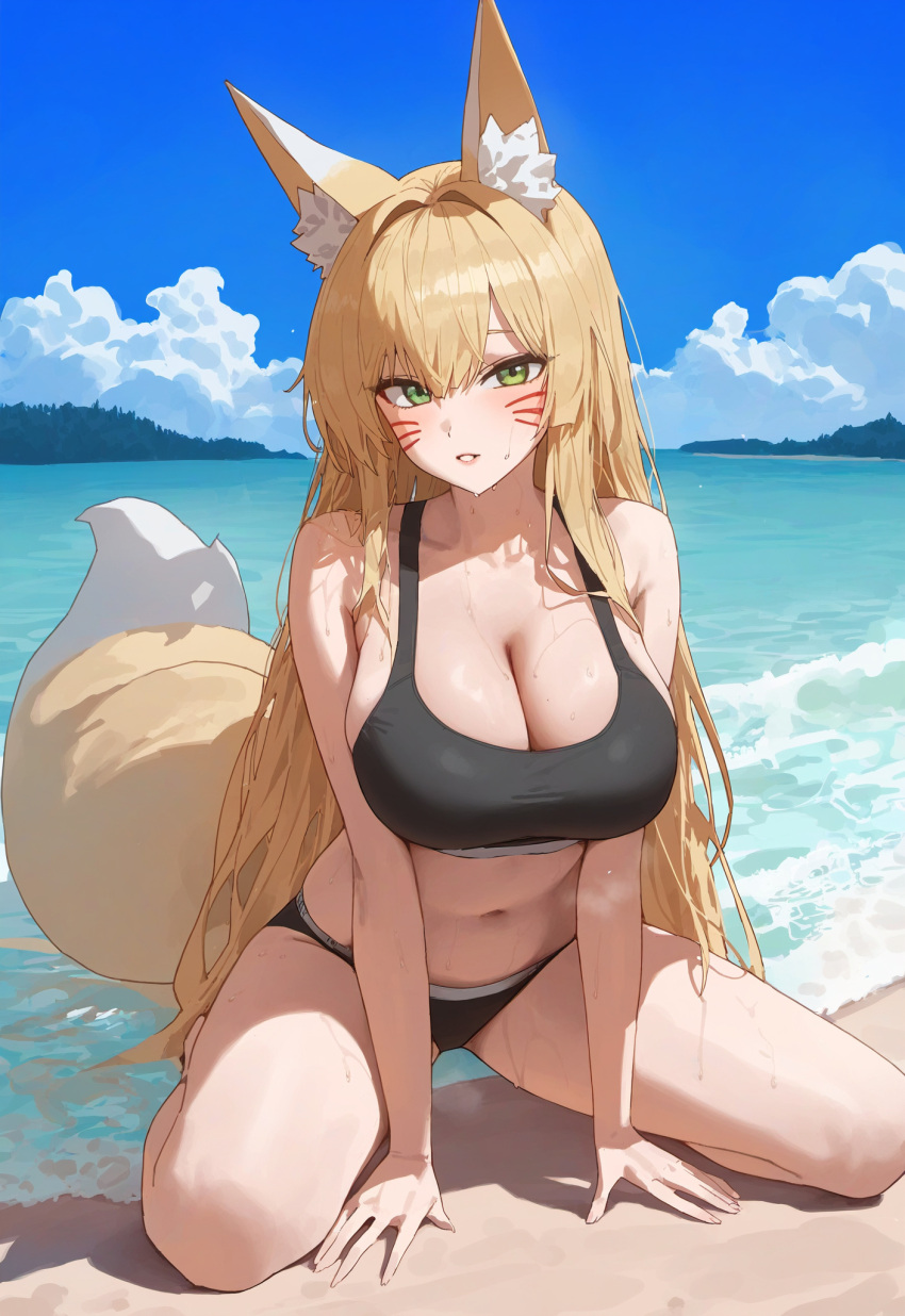 ai_generated animal_ear_fluff animal_ears beach blonde_hair clothed_female_nude_male female fox_ears fox_girl green_eyes huge_breasts kneeling pinup solo sports_bra spread_legs sweat tail viriai