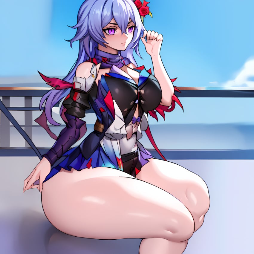 ai_generated bare_shoulders big_ass big_ass_(female) big_breasts big_thighs bluecatrip honkai:_star_rail honkai_(series) hoyoverse light_blue_hair mihoyo purple_eyes scarf seele_(honkai:_star_rail) shorts tagme