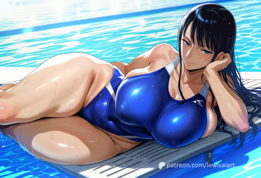 1girls ai_generated bare_arms bare_legs bare_shoulders bare_thighs big_breasts black_hair blue_eyes blush clothed clothing color female female_focus female_only hi_res large_breasts lewisai light-skinned_female light_skin long_hair looking_at_viewer nico_robin one-piece_swimsuit one_piece shounen_jump solo solo_female swimsuit tagme thick_thighs water wet