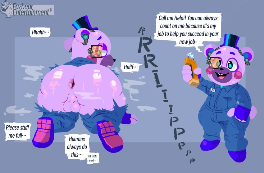 anthro anus ass backsack balls bear big_butt bodily_fluids clothing dialogue echochamber femboy five_nights_at_freddy's five_nights_at_freddy's:_security_breach genitals glistening glistening_body helpi helpy hi_res male mammal musk musk_clouds overweight scottgames solo speech_bubble steel_wool_studios sweat text tight_clothing torn_clothing