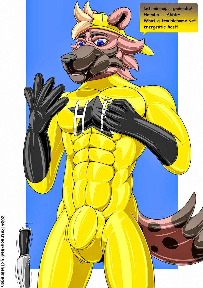 after_transformation anthro bound canid canine canis criminal dronesuit dummy encasement furry goo_(disambiguation) hero hi_res hr hyena latex mammal null_bulge punishment toysuit transformation wolf xedryk