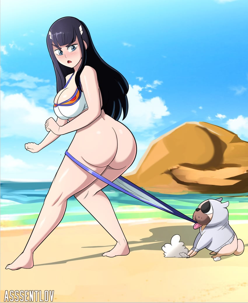 1girl 1girls 2024 2d 2d_(artwork) 2d_artwork ass assentlov beach big_ass big_breasts big_butt big_thighs black_hair blue_eyes breasts color coppertone coppertone_pose dat_ass day daytime female guts_(kill_la_kill) junketsu kill_la_kill kiryuuin_satsuki light-skinned_female long_hair looking_at_another looking_back sea shiny_ass shiny_butt shiny_hair shiny_skin solo swimsuit thighs water