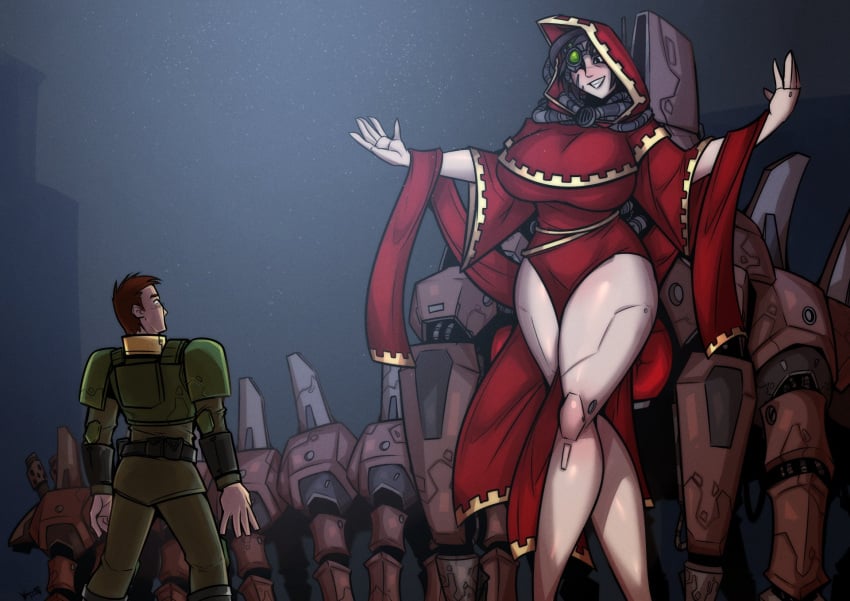 1girls adeptus_mechanicus astra_militarum female giantess guardsman_(warhammer_40k) huge_breasts imperial_guard imperium_of_man larger_female sexualyeti techpriest warhammer_(franchise) warhammer_40k