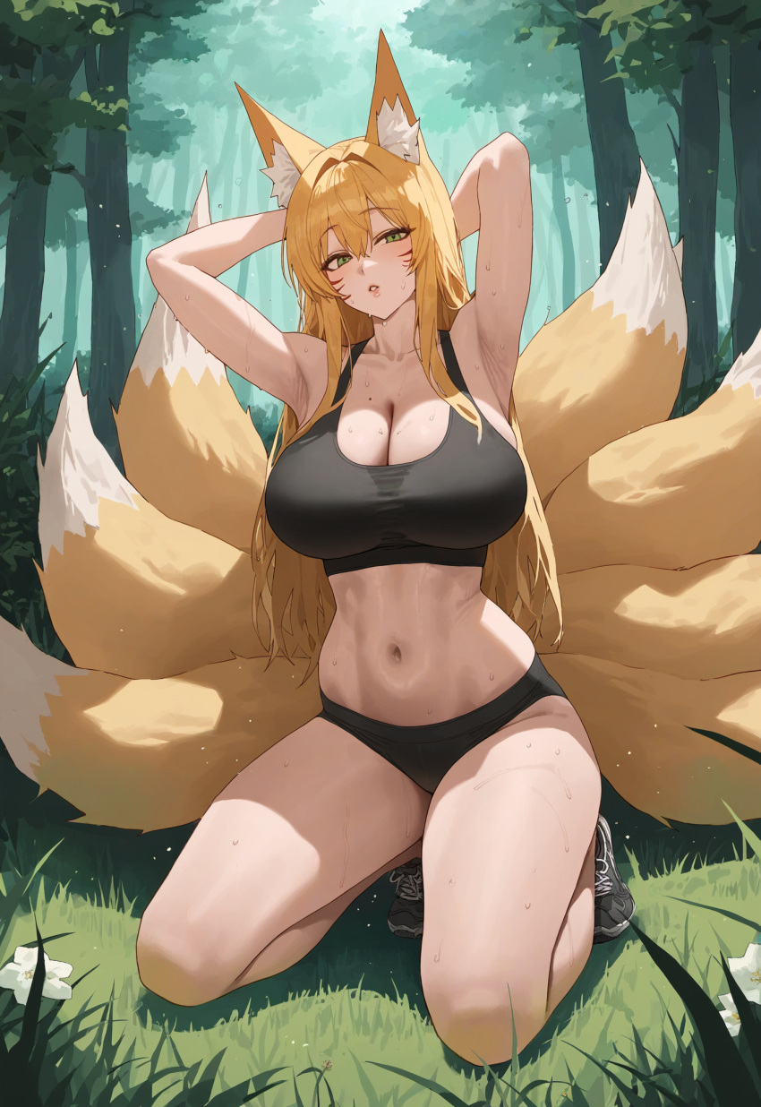 ai_generated animal_ear_fluff animal_ears armpits blonde_hair clothed_female_nude_male female forest fox_ears fox_girl green_eyes huge_breasts kneeling multi_tail pinup sneakers solo sports_bra spread_legs sweat tail tails viriai