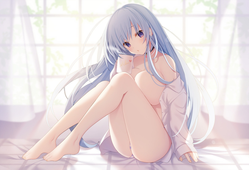 1girls ass bare_legs bare_shoulders barefoot black_choker blue_hair breast_press breasts choker coffee_mug cup curtains dress_shirt emori_miku emori_miku_project feet head_tilt heart highres holding holding_cup knees_up large_breasts liver_city long_hair long_sleeves looking_at_viewer miko_(royal_milk) mug no_bra no_pants off_shoulder open_clothes open_shirt panties parted_lips purple_eyes second-party_source shirt sidelocks sitting solo steam striped_clothes striped_panties underwear very_long_hair white_shirt window