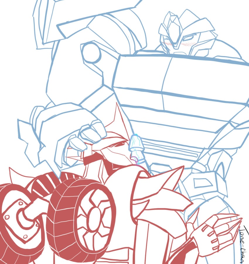 2013 blue_body blushing breakdown breakdown_(transformers) cum doodle gay holding_head knock_out_(transformers) licking_penis male_focus male_only oral red_body robot robot_humanoid tone-chan transformers transformers_prime wheels