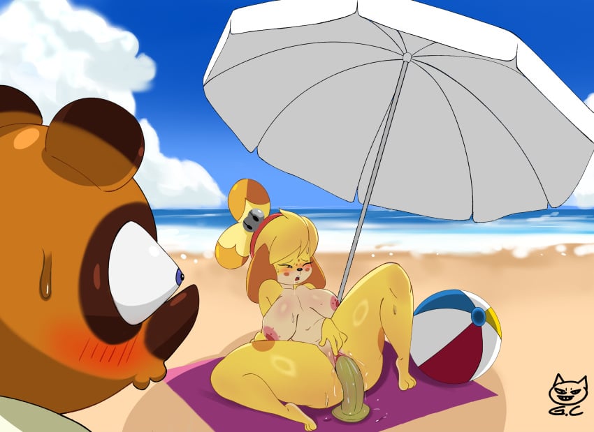 animal_crossing anthro ass beach big_butt blush breasts canid canine canis dildo dildo_insertion domestic_dog eyes female gomezcat hi_res isabelle_(animal_crossing) looking_pleasured male mammal masturbation nintendo open_eyes pussy pussy_juice raccoon_dog sex_toy sex_toy_insertion shih_tzu surprised_expression thick_thighs thighs tits tom_nook toy_dog toy_in_pussy